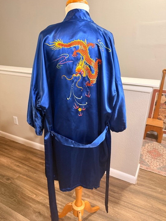 Golden Bee Other - Vintage Dragon Kimono Robe Blue Embroidered Chinese Belted Silk L